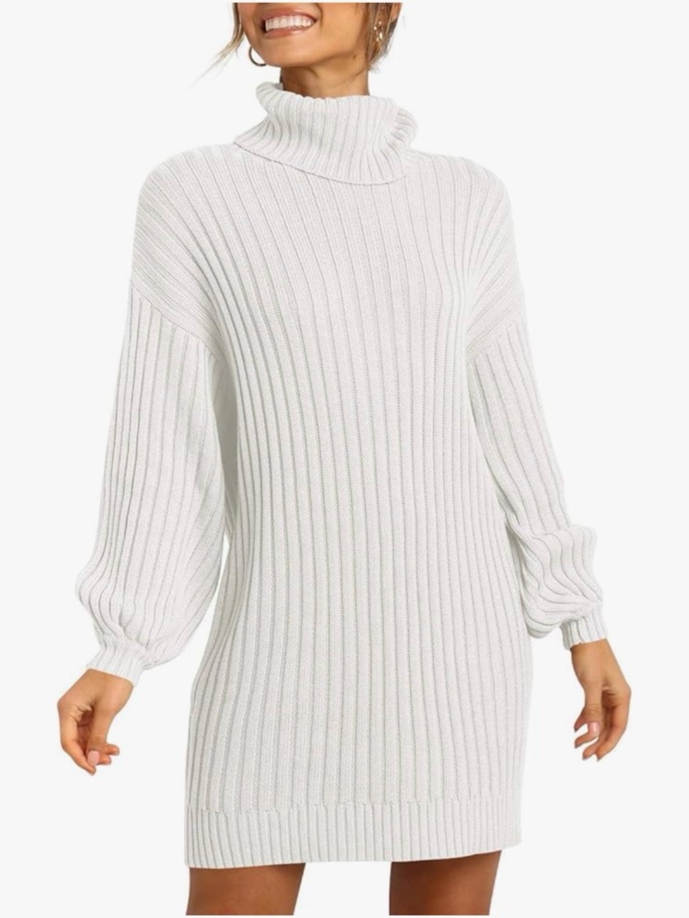 ANRABESS Classic Cream Ribbed Turtleneck Sweater Dress